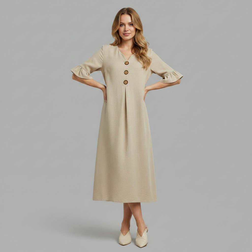 Abito Midi Estivo Donna in Lino con Bottoni | Abbigliamento Donna