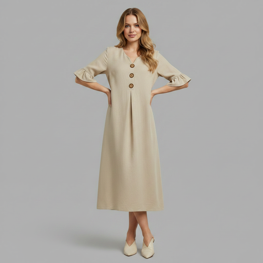 Abito Midi Estivo Donna in Lino con Bottoni | Abbigliamento Donna