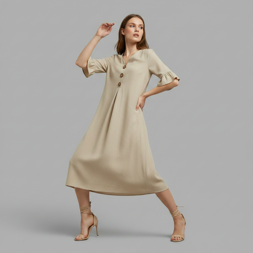 Abito Midi Estivo Donna in Lino con Bottoni | Abbigliamento Donna