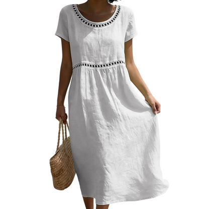 Abito midi estivo donna | Lino con pizzo e linea ad A 0