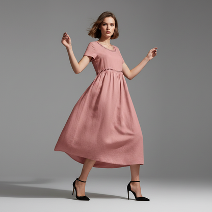 Abito midi estivo donna | Lino con pizzo e linea ad A