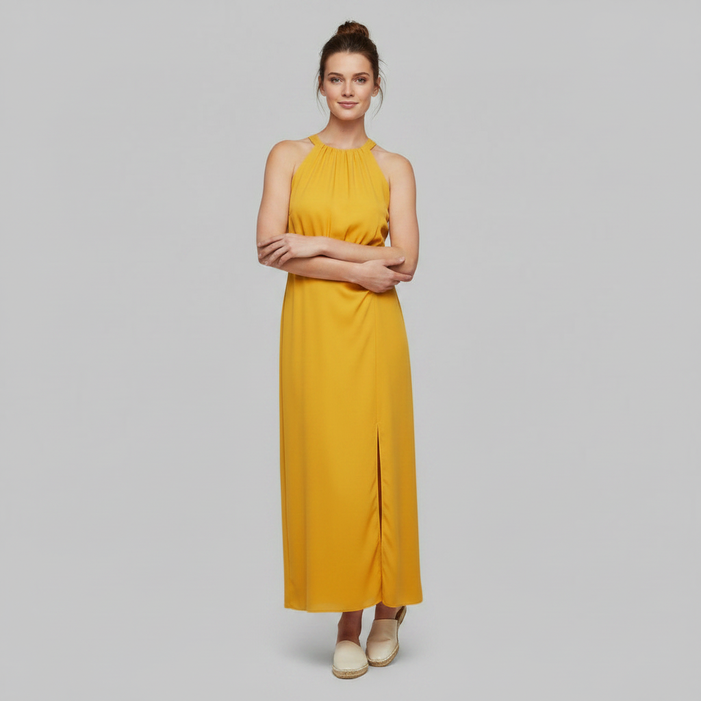 Abito midi estivo donna | Senza maniche con spacco e collo alto