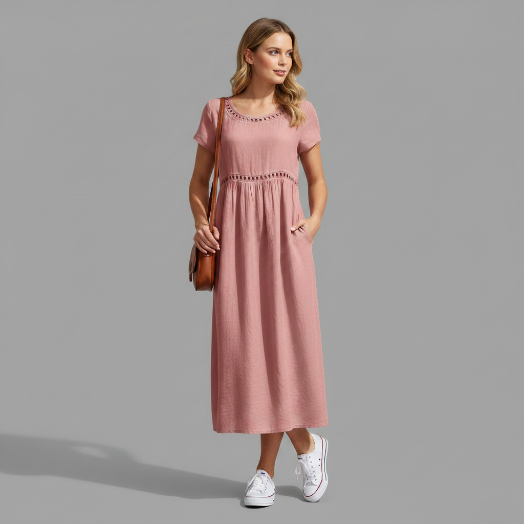 Abito midi estivo donna | Lino con pizzo e linea ad A