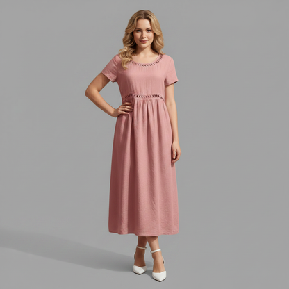 Abito midi estivo donna | Lino con pizzo e linea ad A