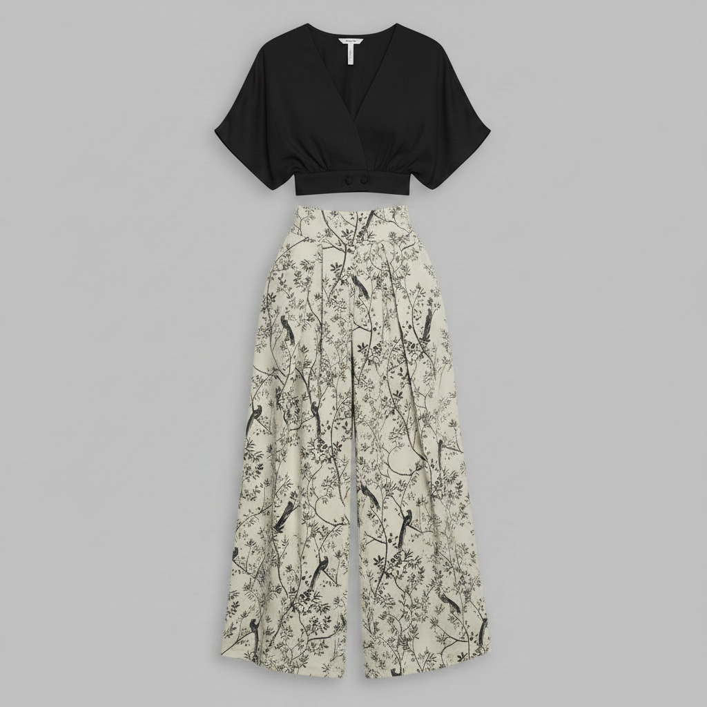 Completo Donna Elegante Stampato | Top e Pantaloni Vita Alta