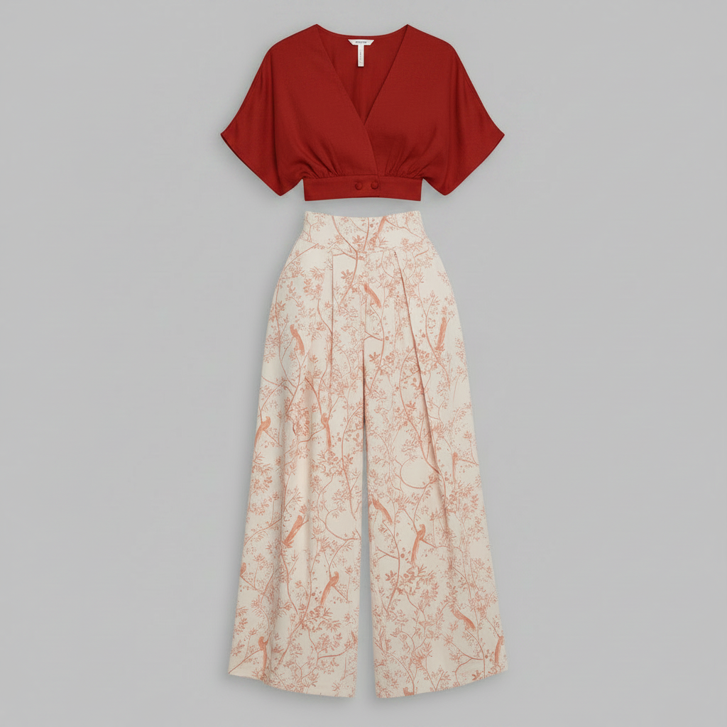 Completo Donna Elegante Stampato | Top e Pantaloni Vita Alta
