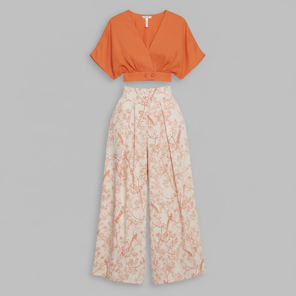 Completo Donna Elegante Stampato | Top e Pantaloni Vita Alta