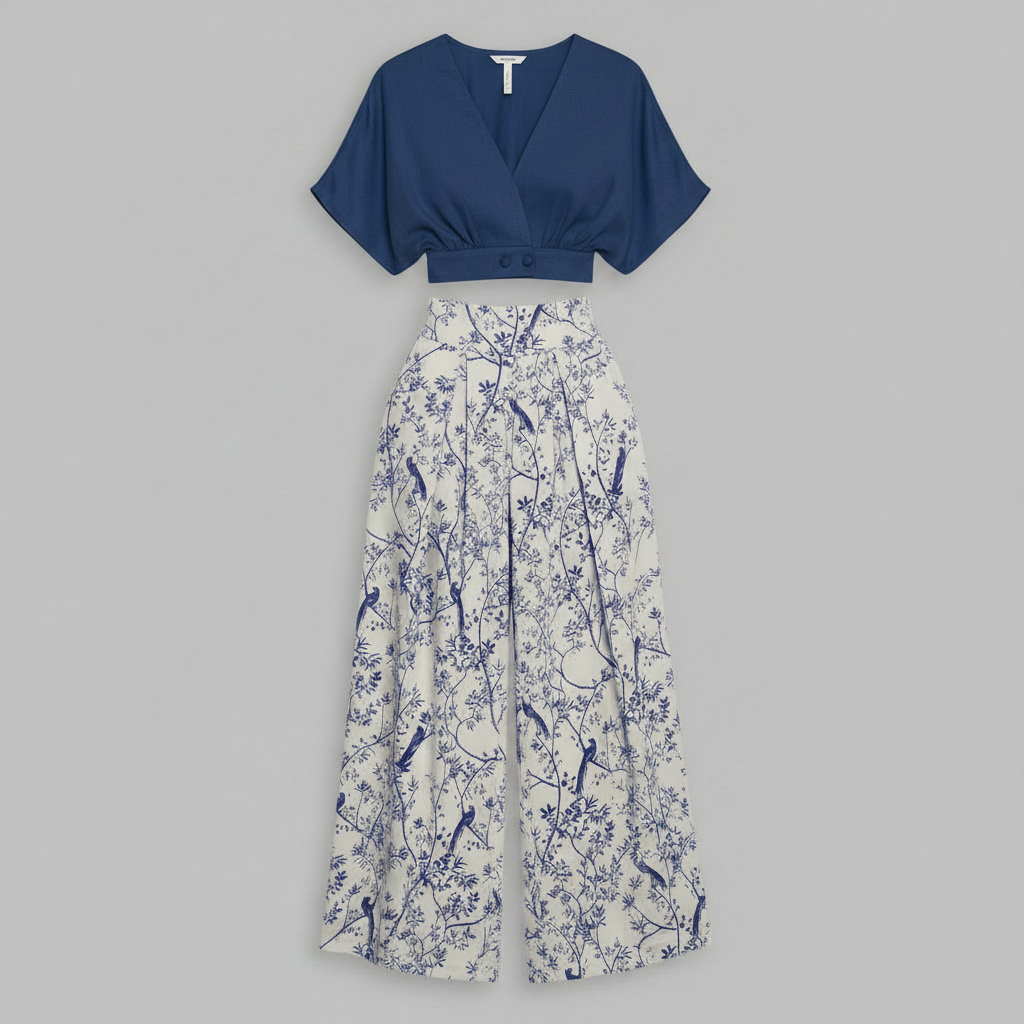 Completo Donna Elegante Stampato | Top e Pantaloni Vita Alta