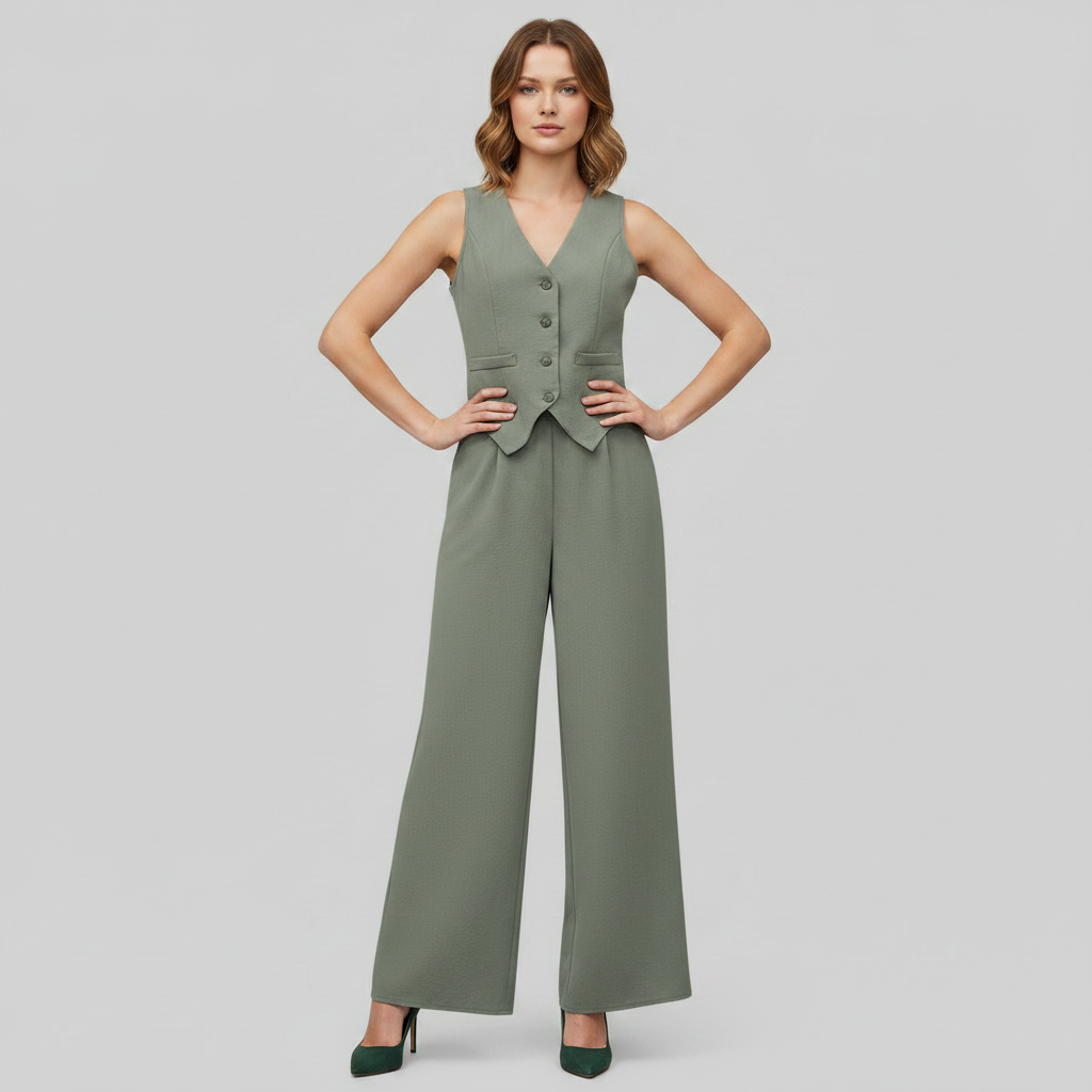 Set Donna Elegante | Gilet Scollo a V e Pantaloni a Gamba Larga