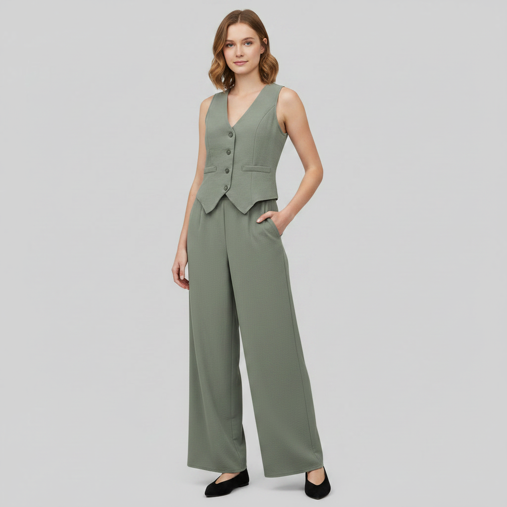 Set Donna Elegante | Gilet Scollo a V e Pantaloni a Gamba Larga