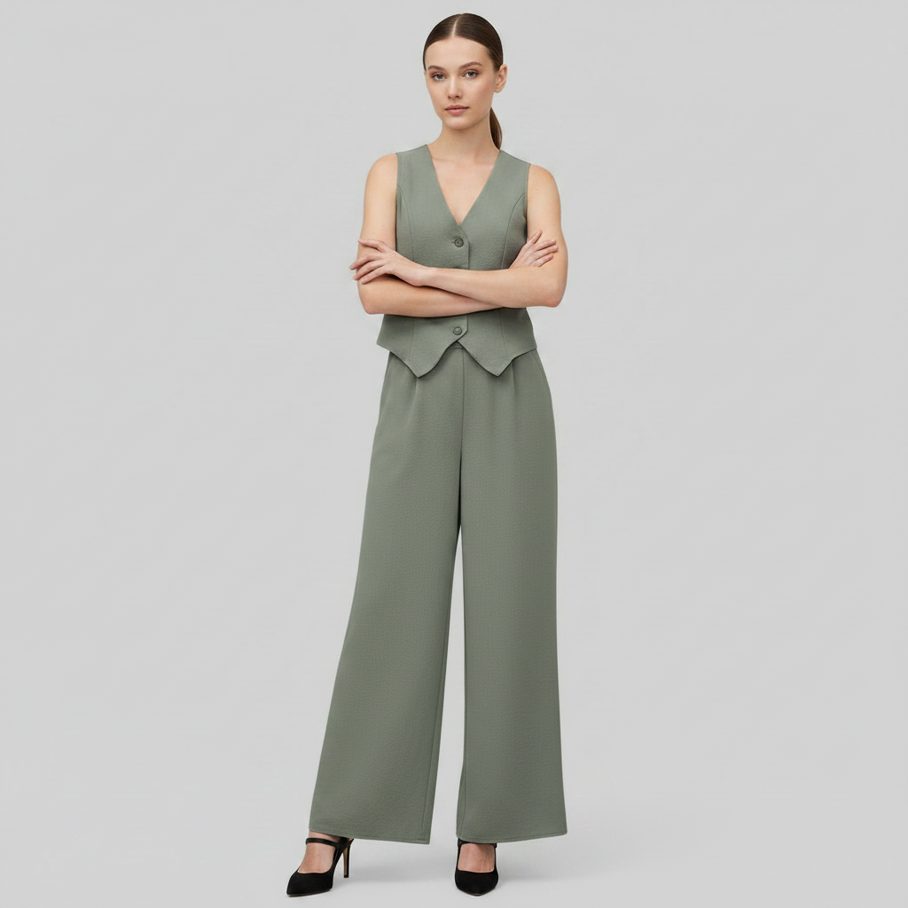 Set Donna Elegante | Gilet Scollo a V e Pantaloni a Gamba Larga