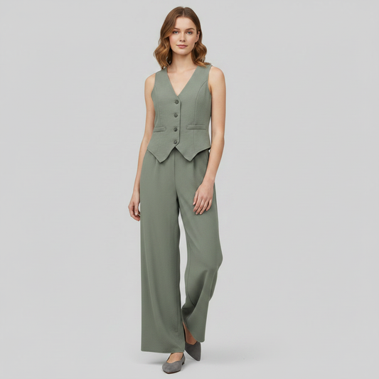 Set Donna Elegante | Gilet Scollo a V e Pantaloni a Gamba Larga