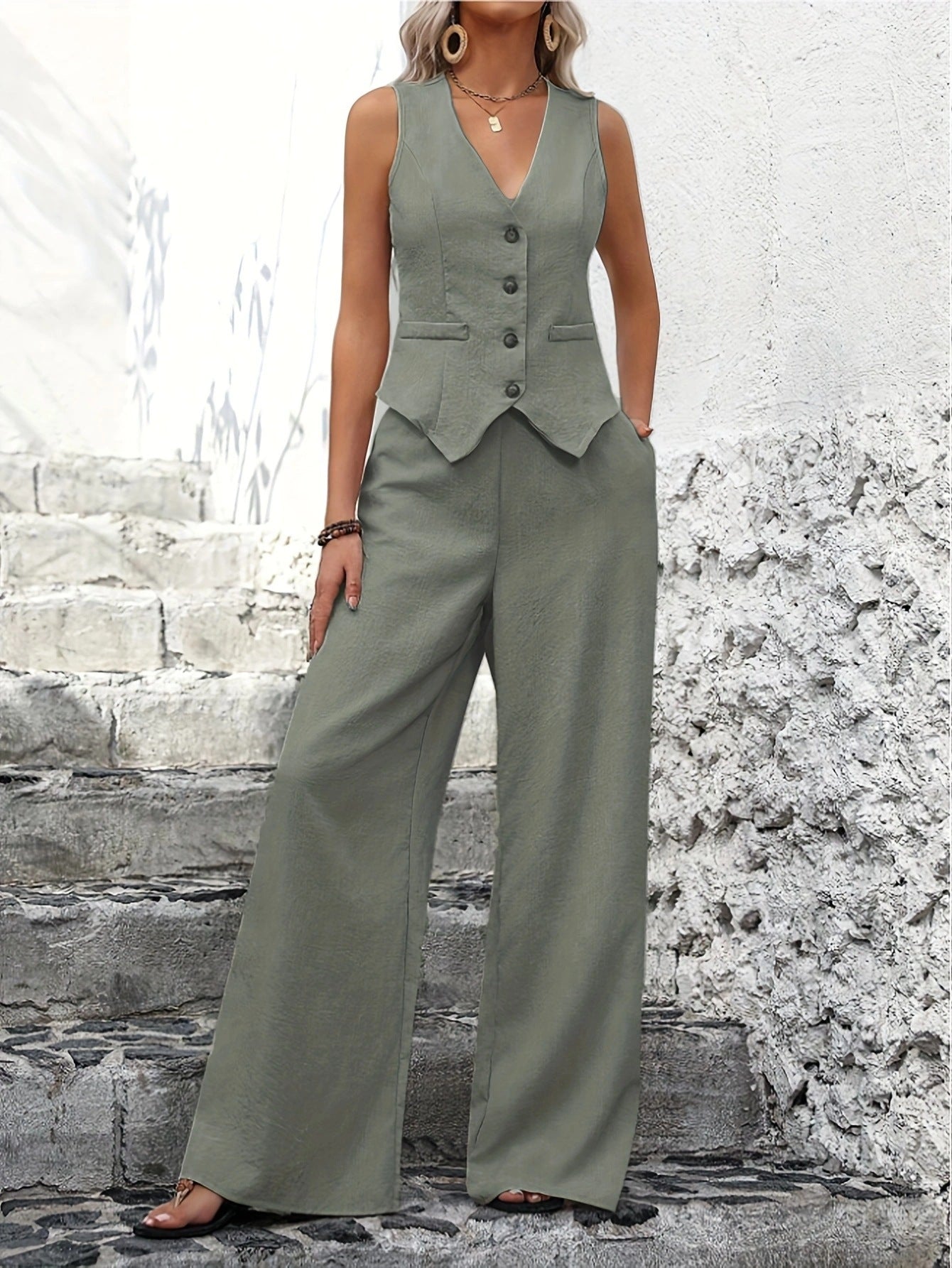 Set Donna Elegante | Gilet Scollo a V e Pantaloni a Gamba Larga 0