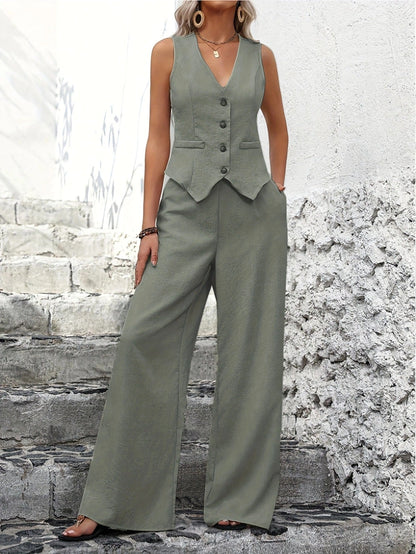 Set Donna Elegante | Gilet Scollo a V e Pantaloni a Gamba Larga 0