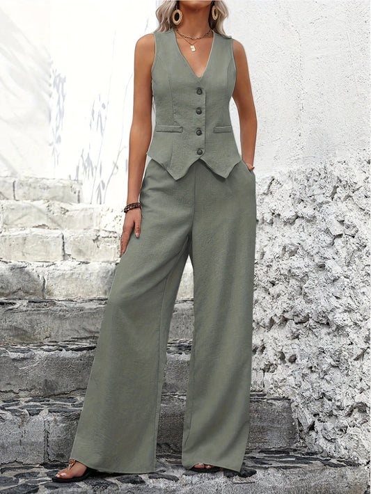 Set Donna Elegante | Gilet Scollo a V e Pantaloni a Gamba Larga 0