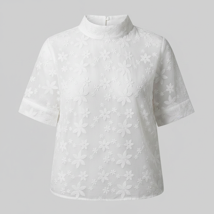 Top Donna Ricamato Elegante | Collo Alto Maniche Corte