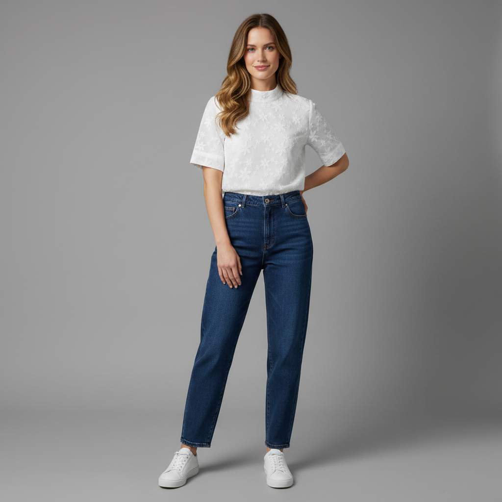 Top Donna Ricamato Elegante | Collo Alto Maniche Corte