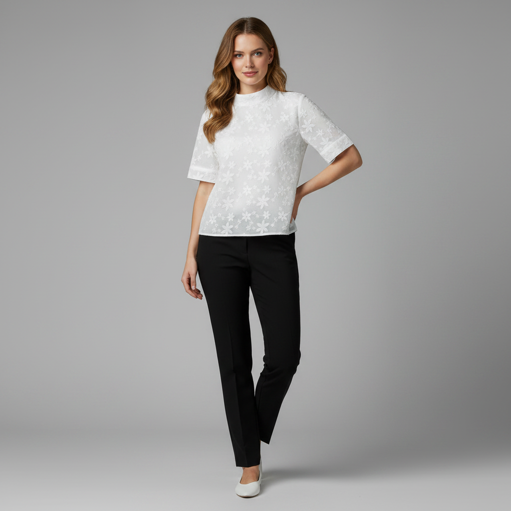 Top Donna Ricamato Elegante | Collo Alto Maniche Corte