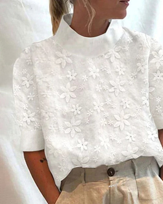 Top Donna Ricamato Elegante | Collo Alto Maniche Corte 0