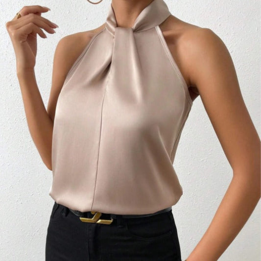 Top in Seta Donna con Colletto Nodo | Top Senza Maniche Elegante 0